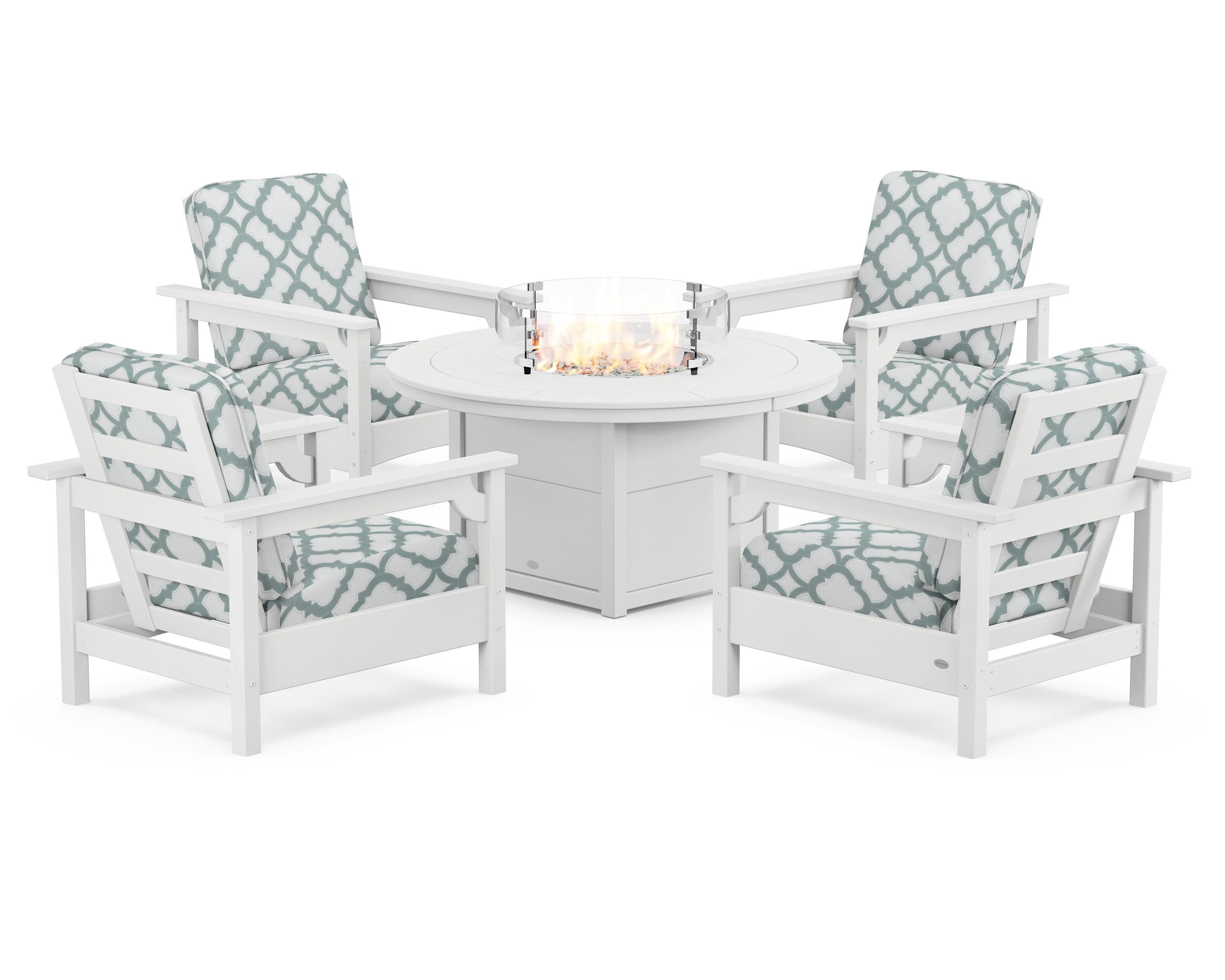 POLYWOOD® Club 5-Piece Conversation Set with Fire Pit Table in White / Trellis Glacier Spa