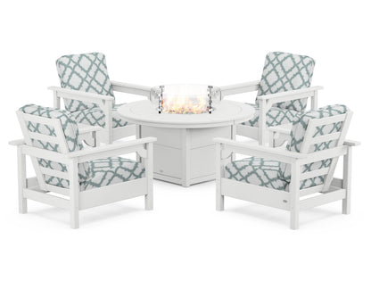 POLYWOOD® Club 5-Piece Conversation Set with Fire Pit Table in White / Trellis Glacier Spa