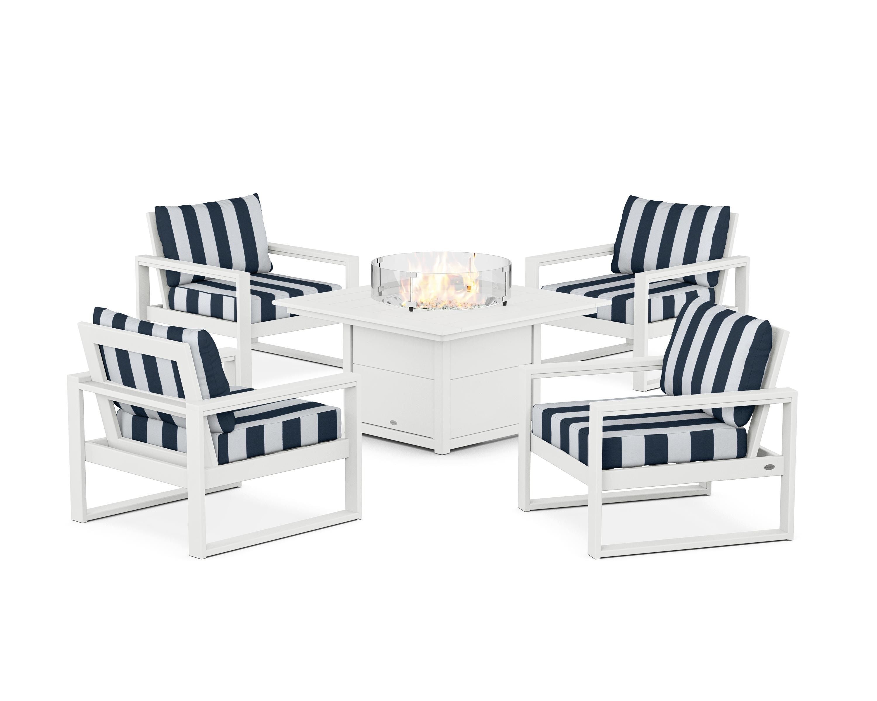 POLYWOOD® EDGE Sectional 5-Piece Deep Seating Set with Fire Pit Table in White / Cabana Stripe Marine Indigo