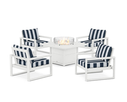 POLYWOOD® EDGE Sectional 5-Piece Deep Seating Set with Fire Pit Table in White / Cabana Stripe Marine Indigo