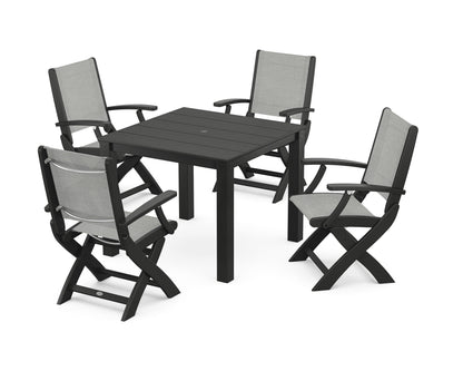 POLYWOOD® Coastal Folding Chair 5-Piece Parsons Dining Set in Black / Metallic Sling