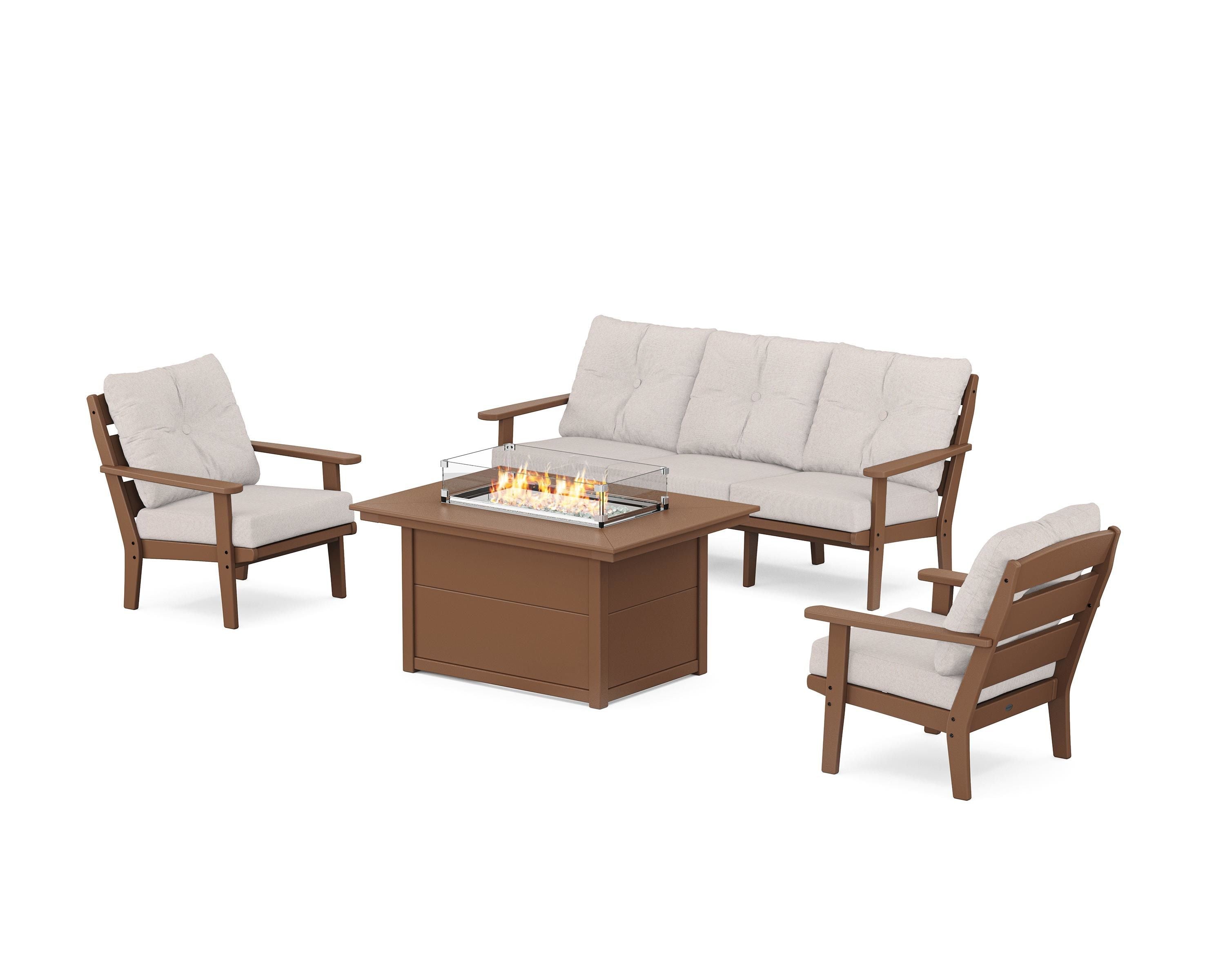 POLYWOOD® Lakeside Deep Seating Fire Pit Table Set in Teak / Dune Burlap
