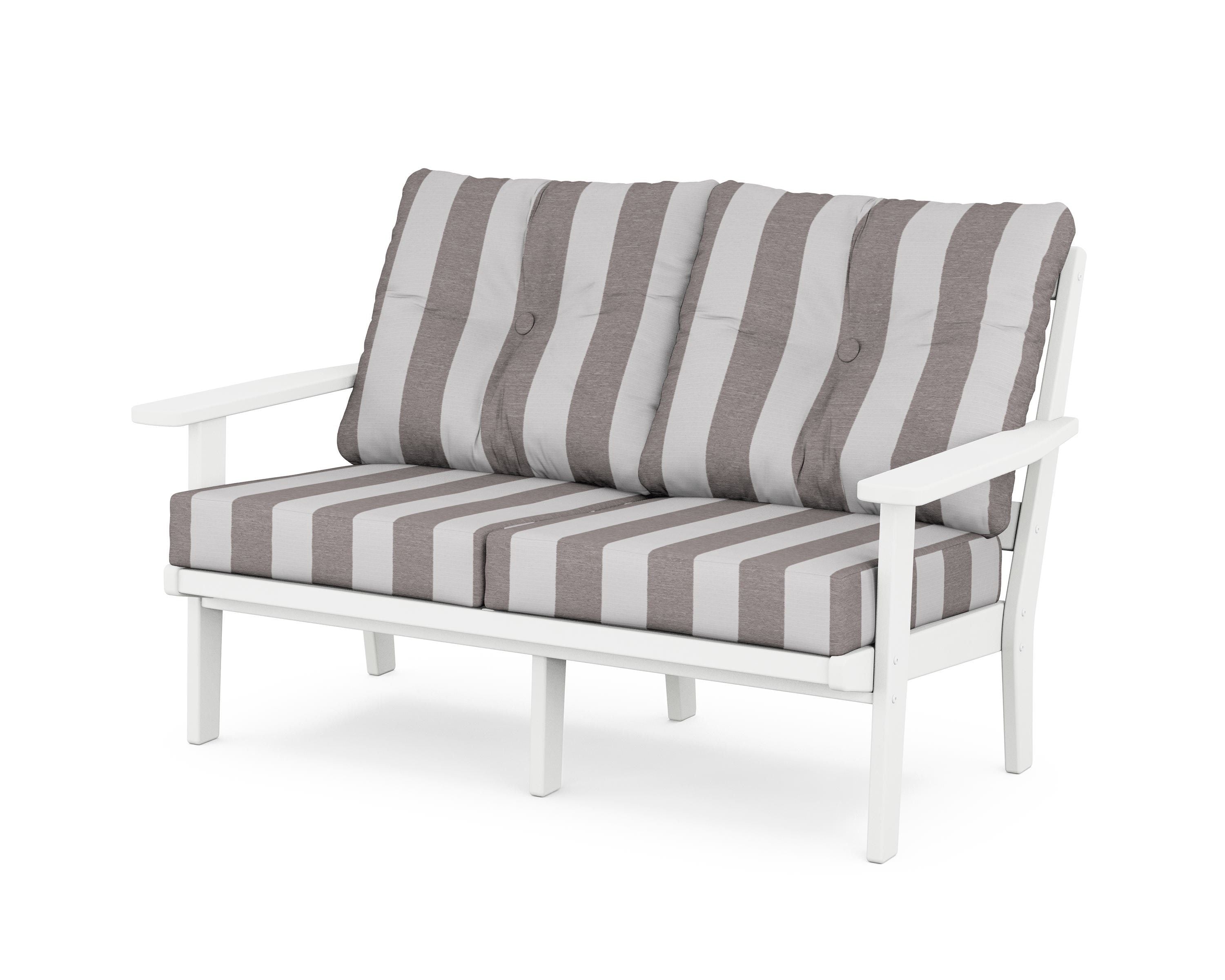POLYWOOD® Prairie Deep Seating Loveseat in White / Cabana Stripe Grey Mist