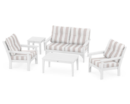 POLYWOOD® Vineyard 5-Piece Deep Seating Set in White / Cabana Stripe Dune Burlap