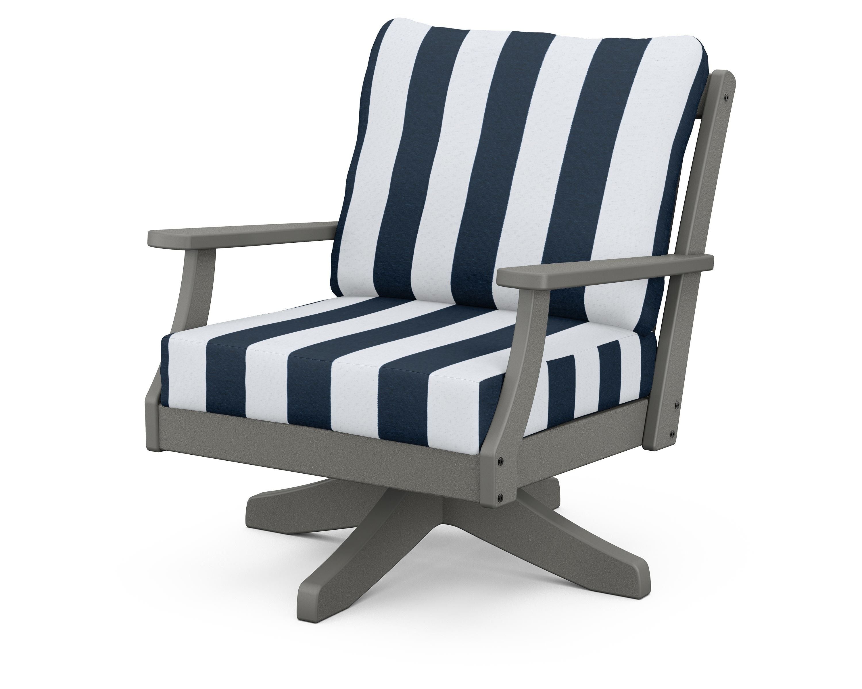 POLYWOOD® Braxton Deep Seating Swivel Chair in Slate Grey / Cabana Stripe Marine Indigo