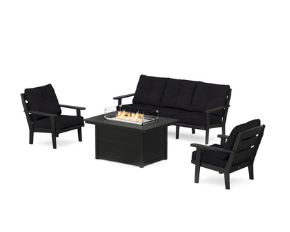 POLYWOOD® Lakeside Deep Seating Fire Pit Table Set in Black / Midnight Linen