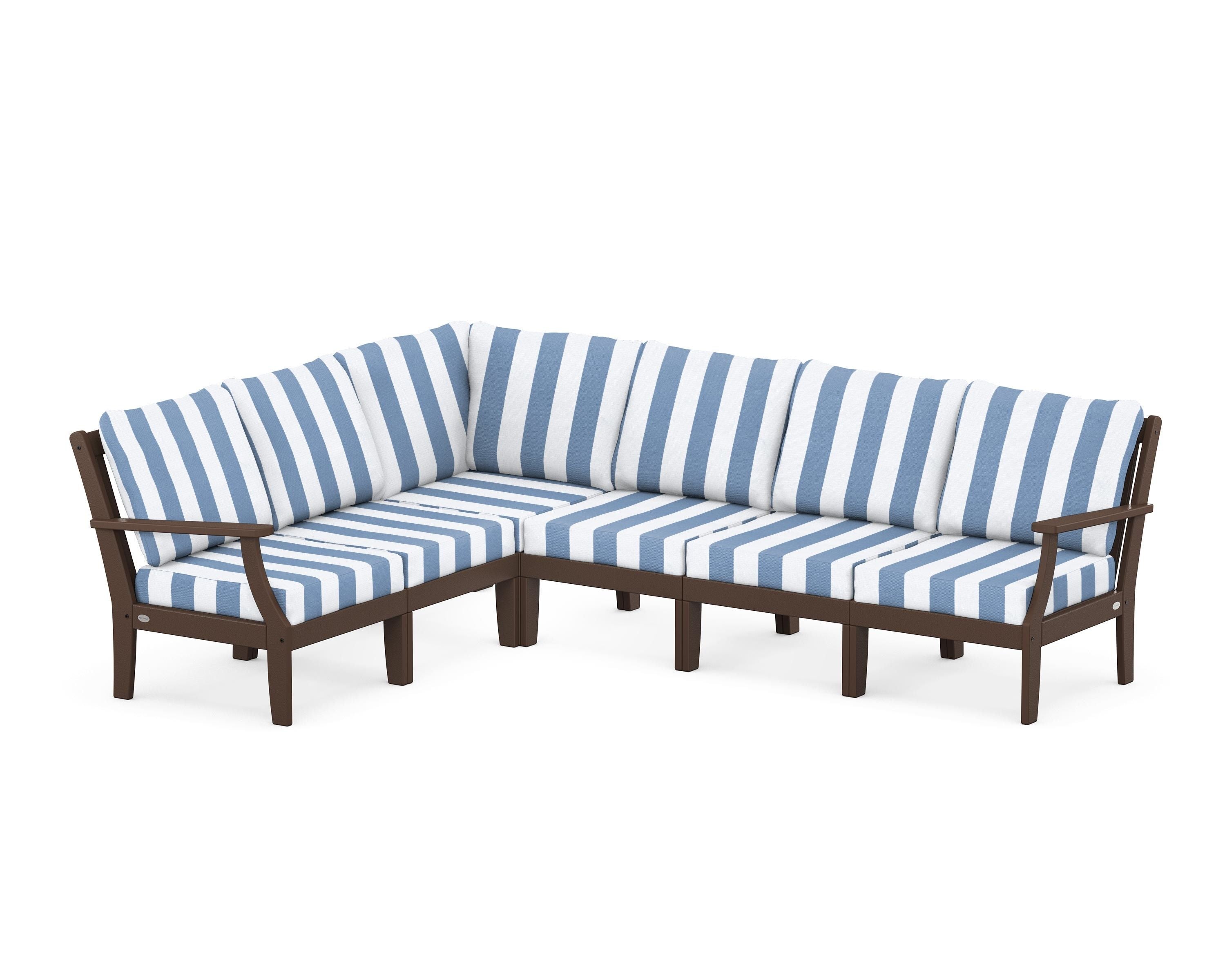 POLYWOOD® Braxton Modular 6-Piece Deep Seating Set in Mahogany / Cabana Stripe Sky Blue