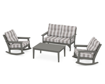 POLYWOOD® Vineyard 4-Piece Deep Seating Rocking Chair Set in Slate Grey / Buffalo Plaid Grey Mist