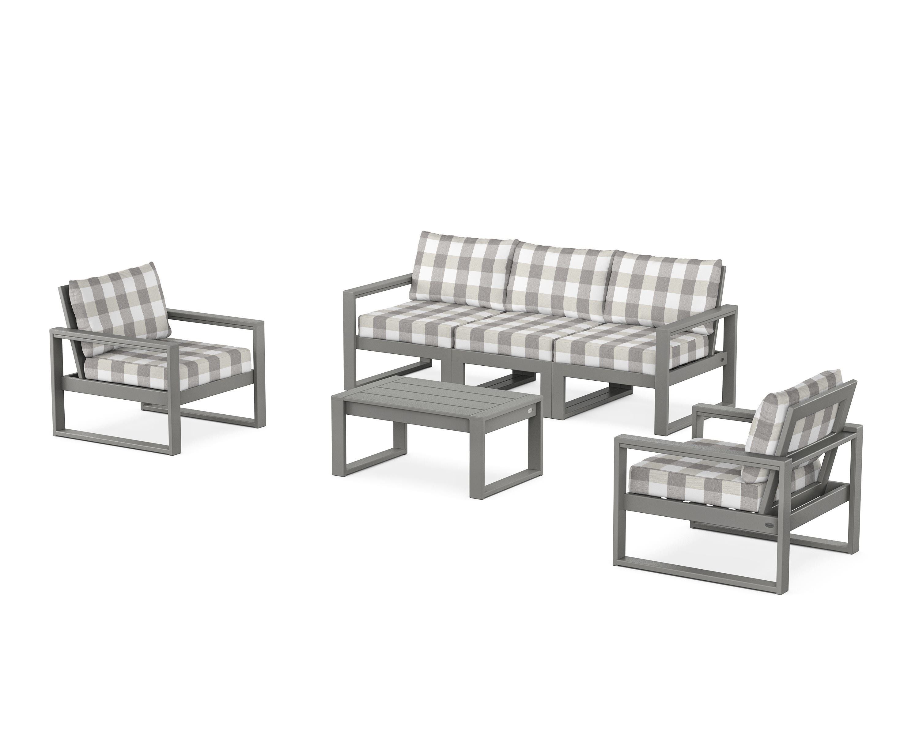 POLYWOOD® EDGE Sectional 4-Piece Deep Seating Set with Sofa in Slate Grey / Buffalo Plaid Grey Mist