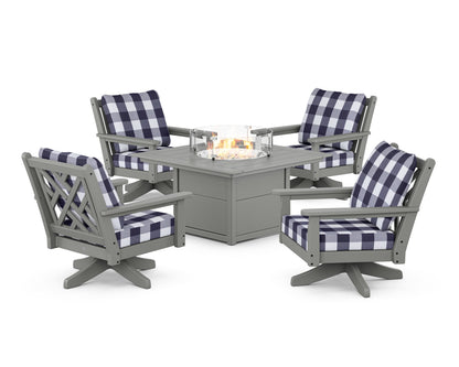 POLYWOOD® Chippendale 5-Piece Deep Seating Swivel Conversation Set with Fire Pit Table in Slate Grey / Buffalo Plaid Navy