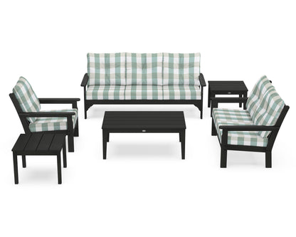 POLYWOOD® Vineyard 6-Piece Deep Seating Set in Black / Buffalo Plaid Glacier Spa