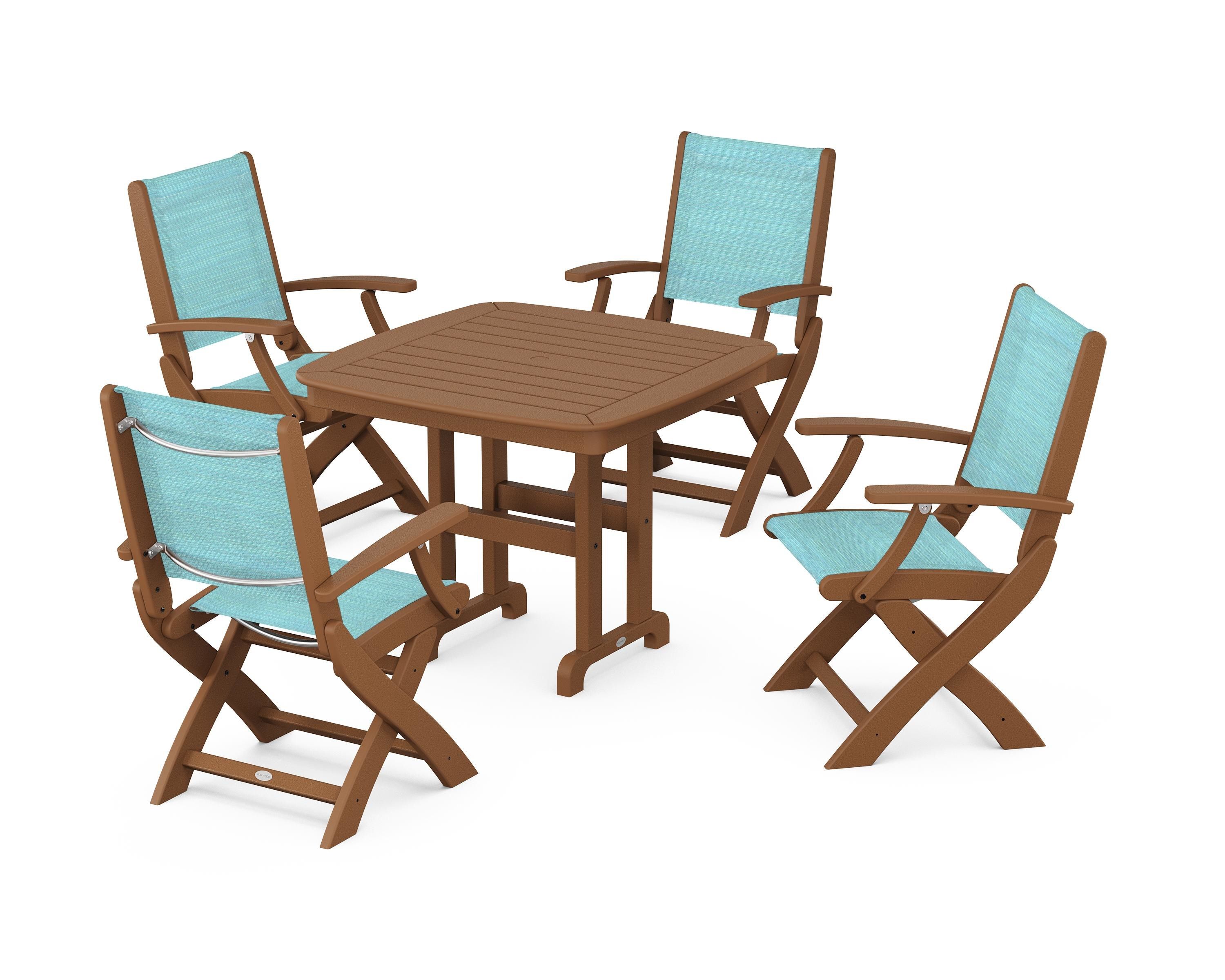 POLYWOOD® Coastal Folding Chair 5-Piece Dining Set in Teak / Dupioni Aquamarine Sling