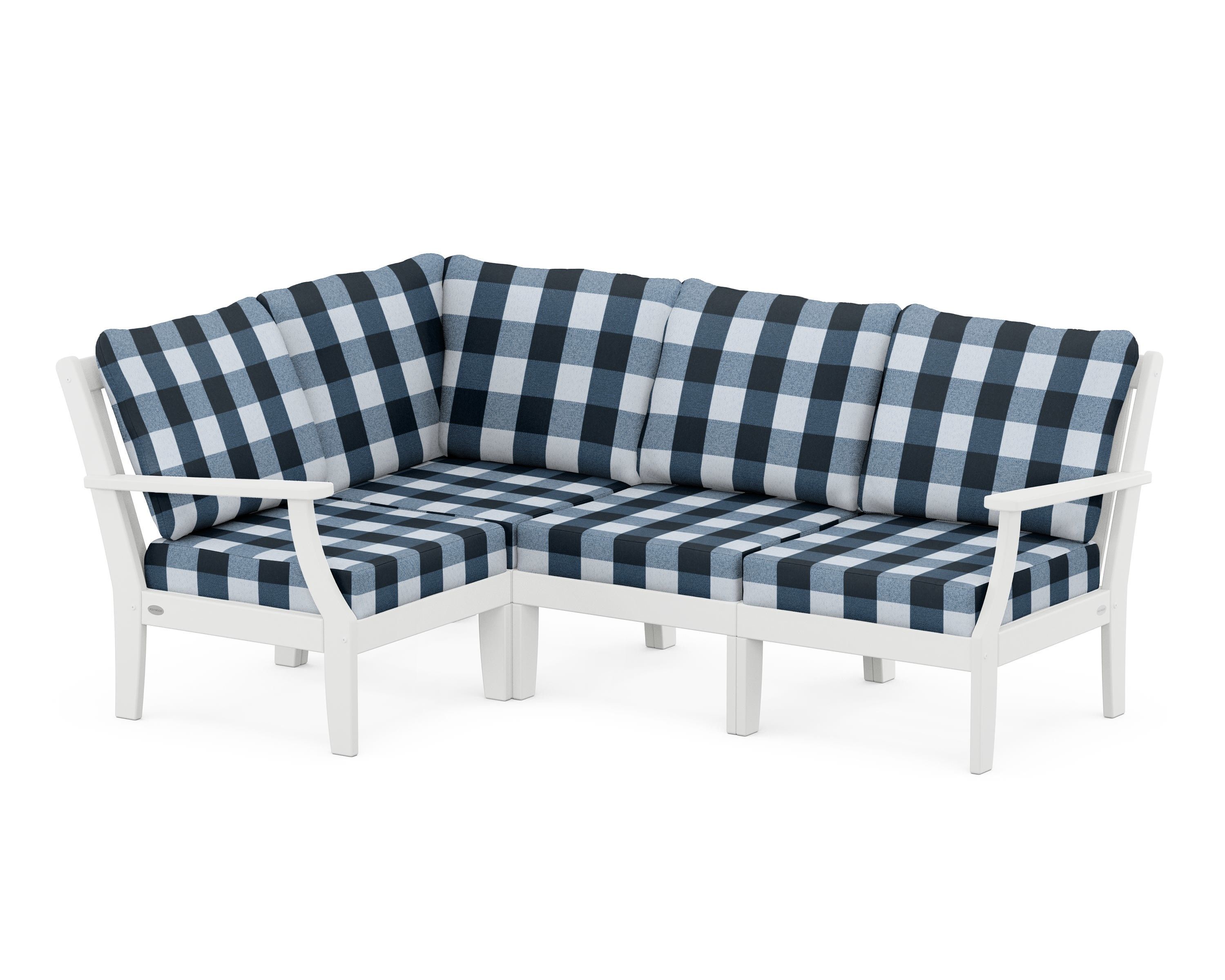 POLYWOOD® Braxton Modular 4-Piece Deep Seating Set in White / Buffalo Plaid Marine Indigo