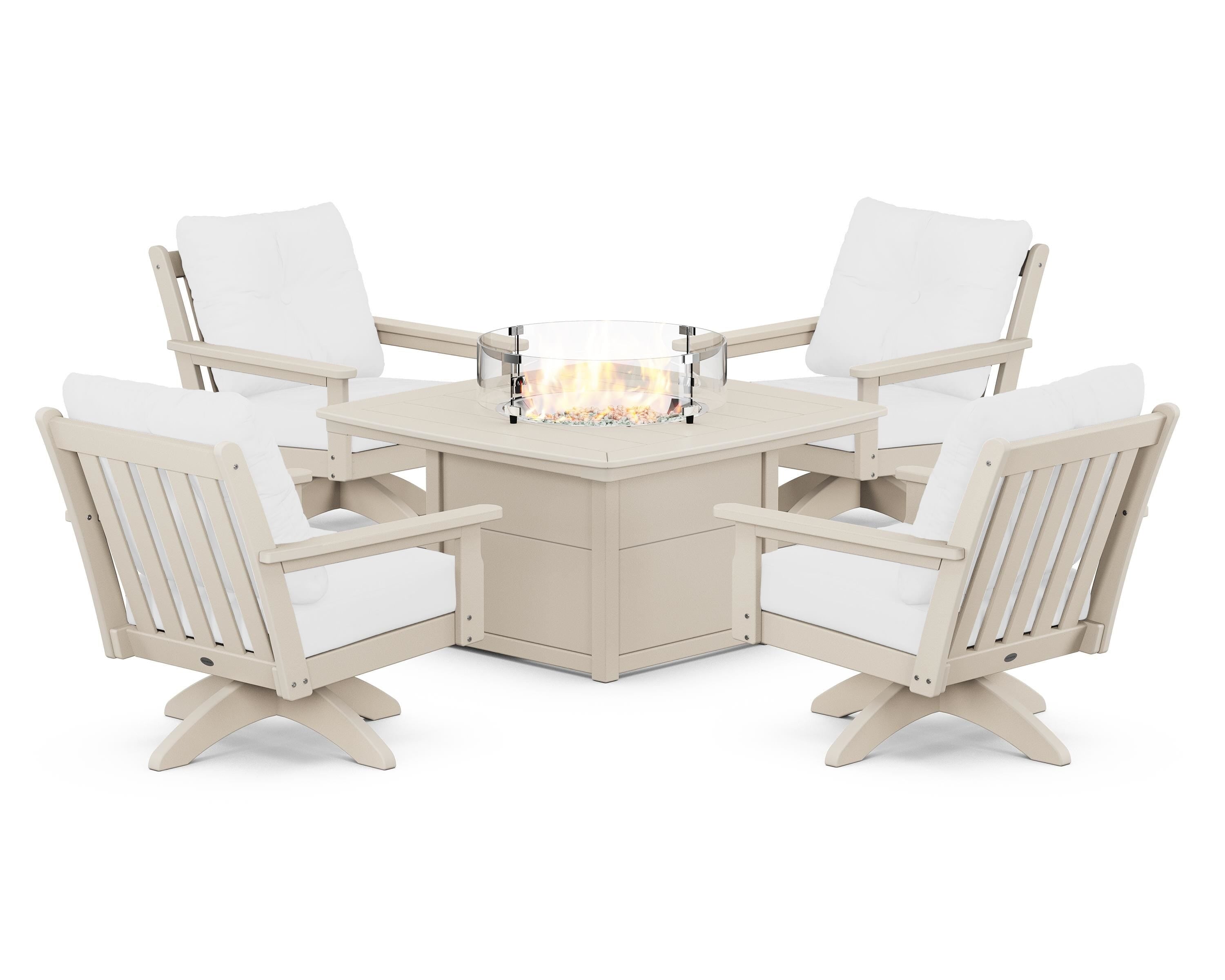 POLYWOOD® Vineyard 5-Piece Deep Seating Swivel Conversation Set with Fire Pit Table in Sand / Natural