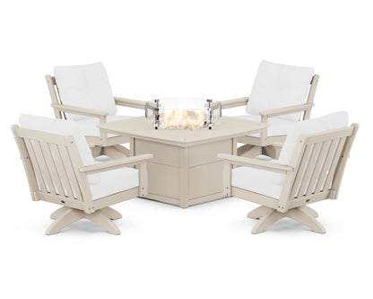 POLYWOOD® Vineyard 5-Piece Deep Seating Swivel Conversation Set with Fire Pit Table in Sand / Natural