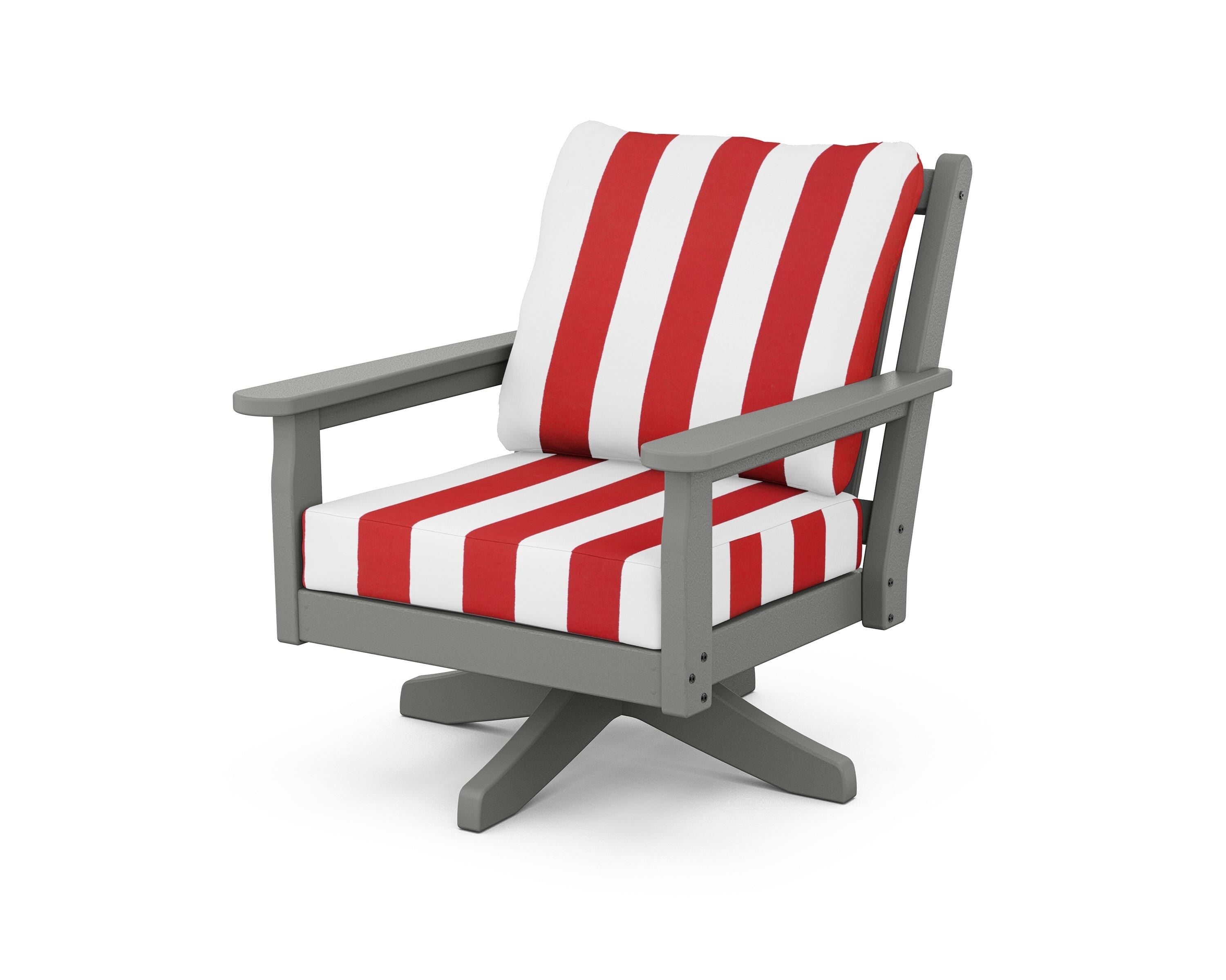 POLYWOOD® Chippendale Deep Seating Swivel Chair in Slate Grey / Cabana Stripe Crimson