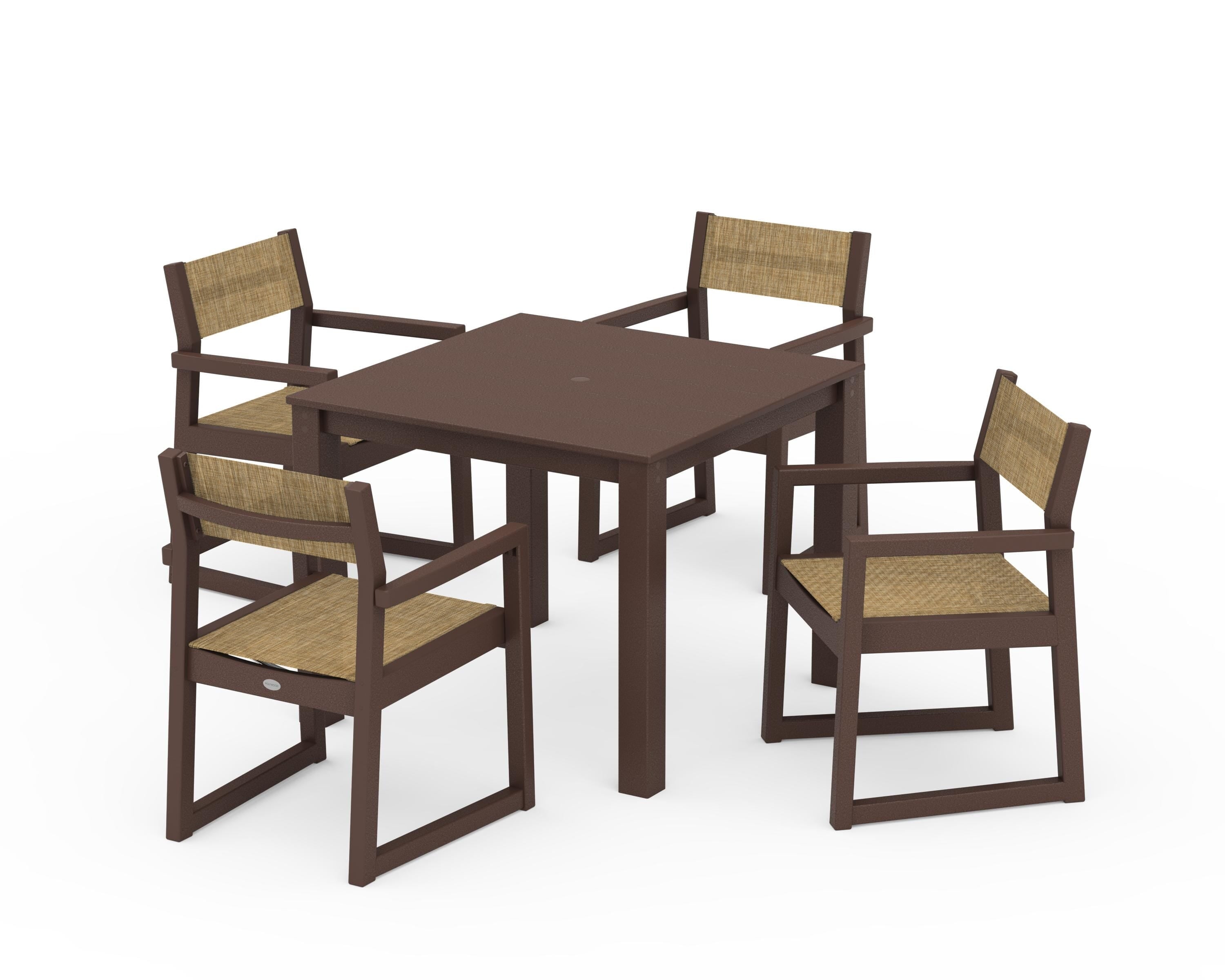 POLYWOOD® EDGE Sling Arm Chair 5-Piece Parsons Dining Set in Mahogany / Burlap Sling