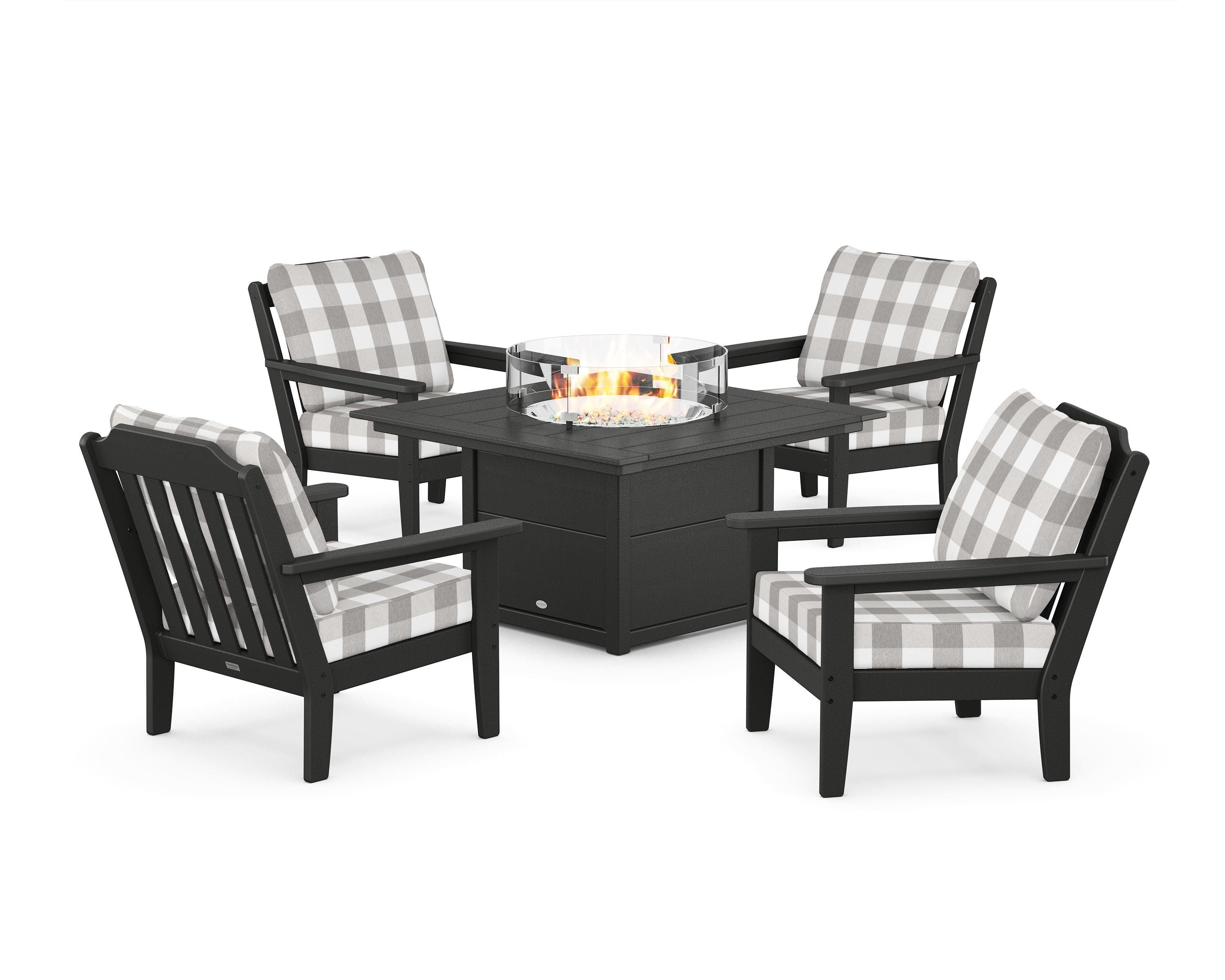 Country Living Cottage 5-Piece Deep Seating Set with Fire Pit Table in Black / Buffalo Plaid Grey Mist