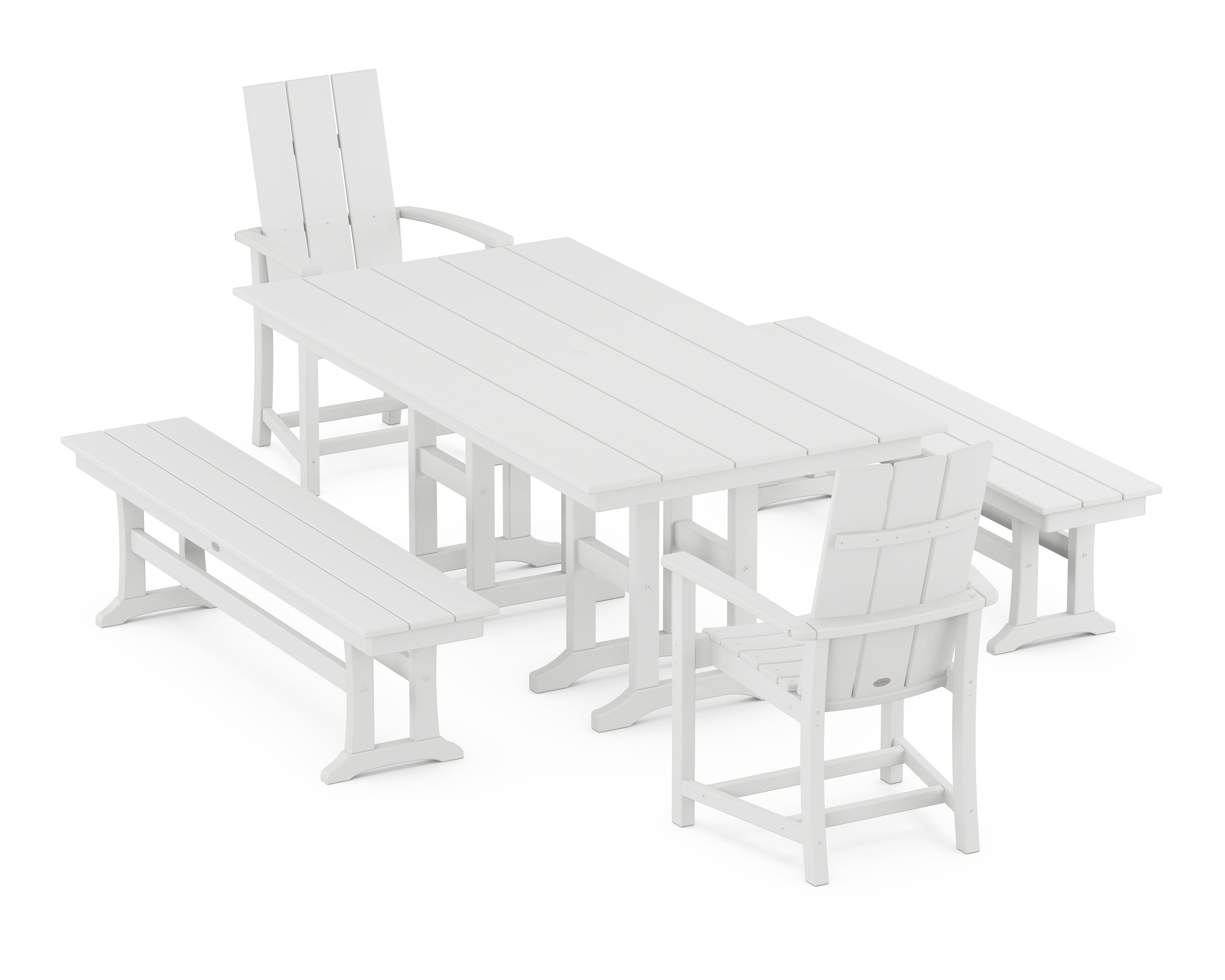 POLYWOOD® Modern Adirondack 5-Piece Farmhouse Dining Set with Benches in White