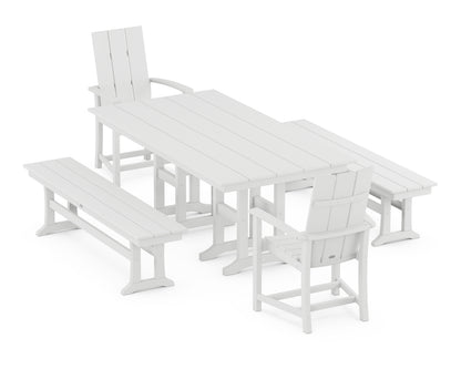 POLYWOOD® Modern Adirondack 5-Piece Farmhouse Dining Set with Benches in White