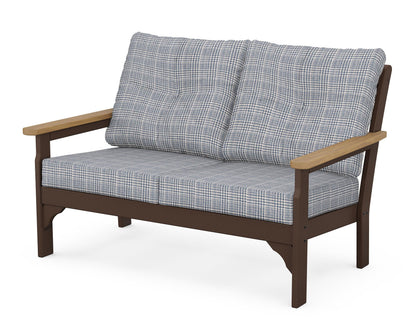 POLYWOOD® Vineyard Deep Seating Loveseat in Mahogany / Natural / Houndstooth Sky Blue