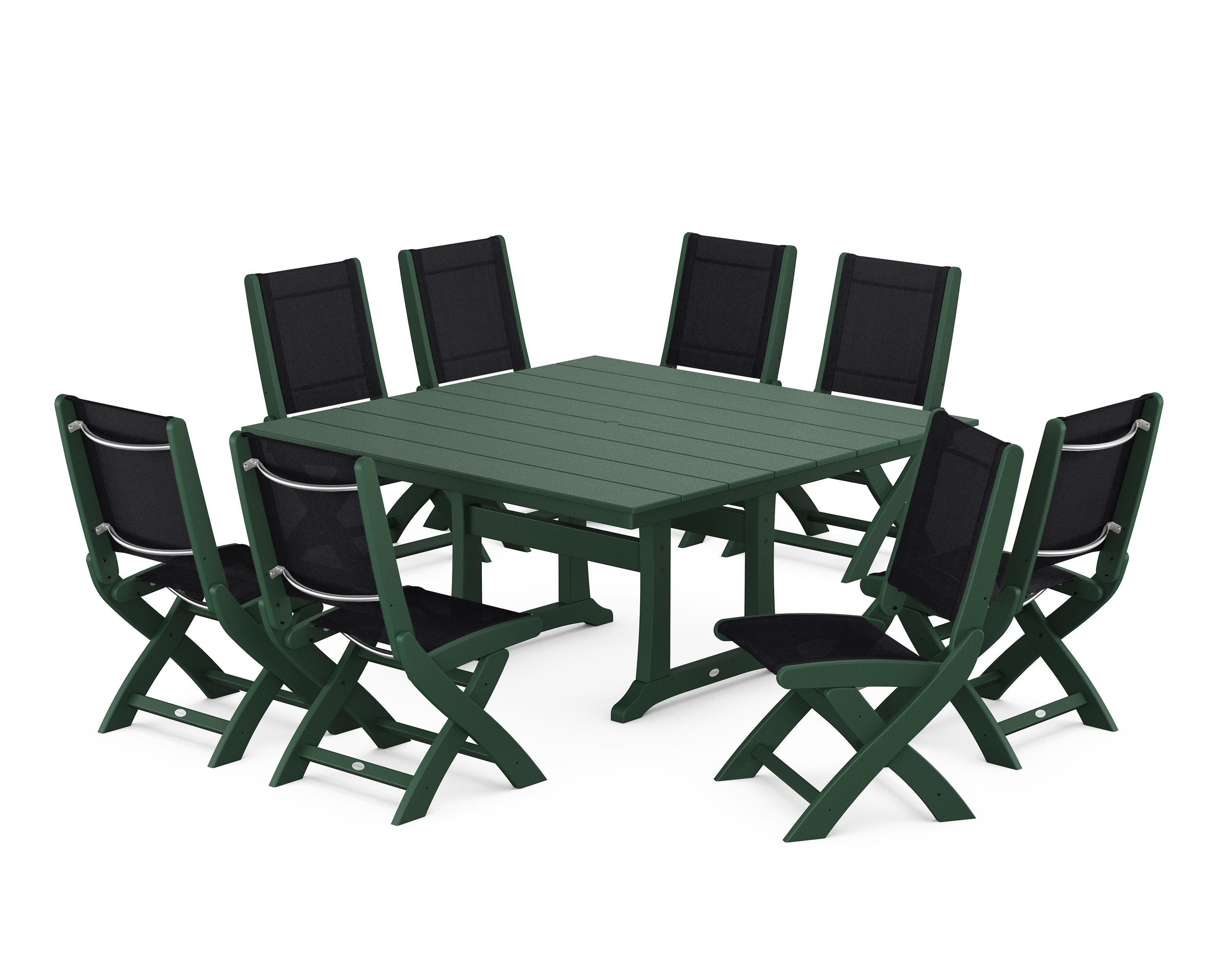POLYWOOD® Coastal Folding Side Chair 9-Piece Farmhouse Dining Set in Green / Black Sling