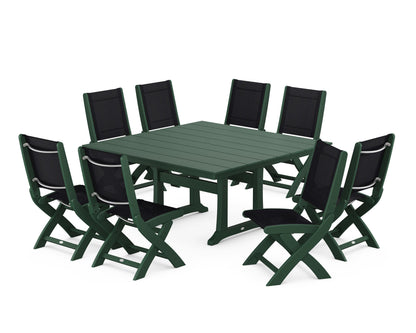 POLYWOOD® Coastal Folding Side Chair 9-Piece Farmhouse Dining Set in Green / Black Sling