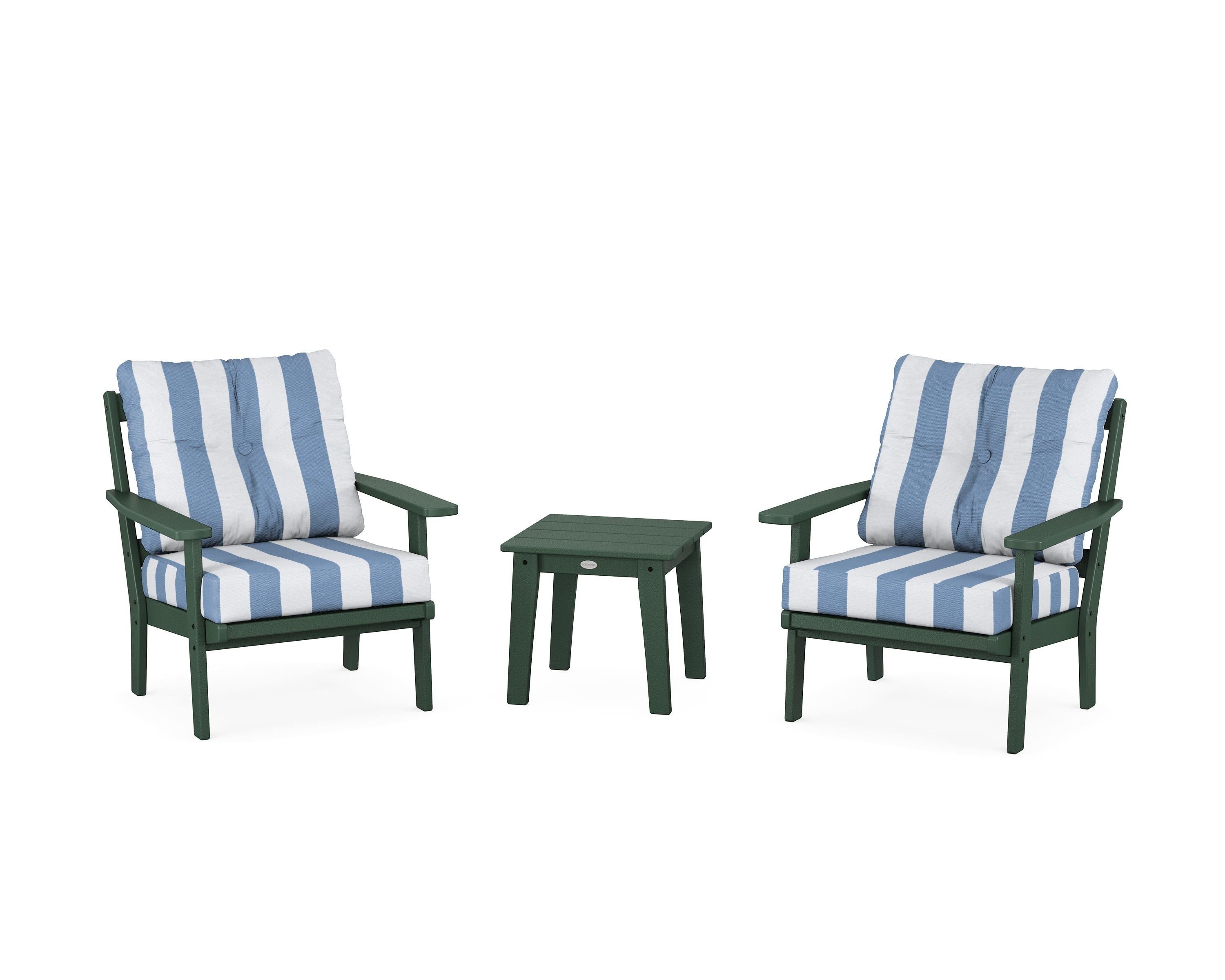 POLYWOOD® Prairie 3-Piece Deep Seating Set in Green / Cabana Stripe Sky Blue