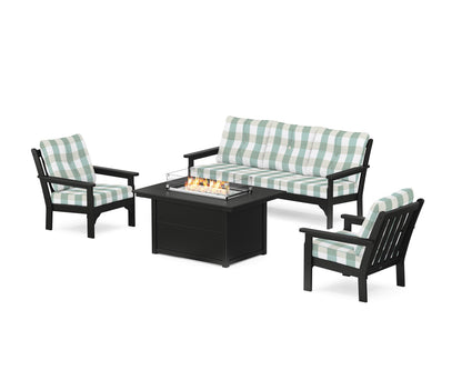 POLYWOOD® Vineyard Deep Seating Fire Pit Table Set in Black / Buffalo Plaid Glacier Spa