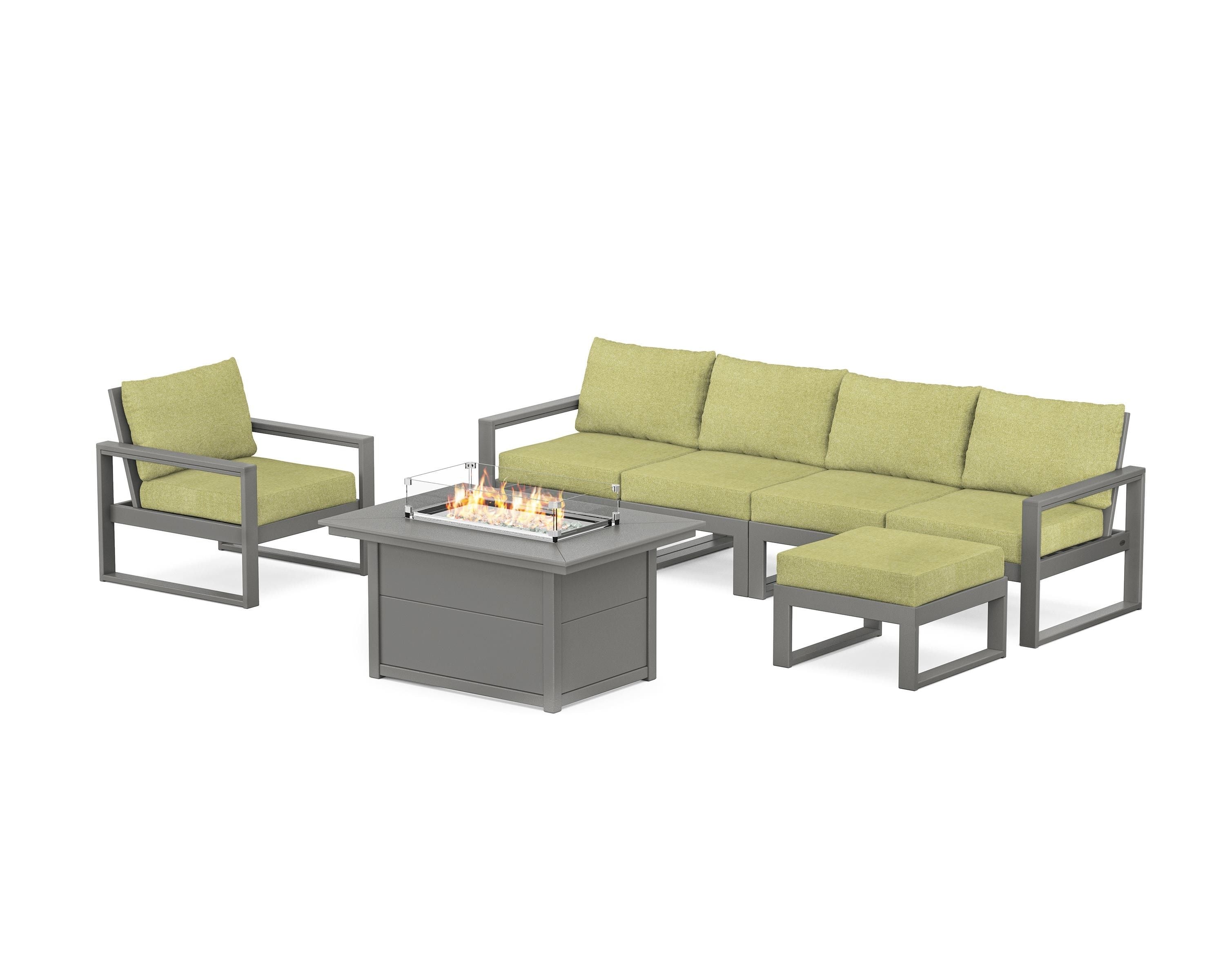 POLYWOOD® EDGE Sectional Lounge and Fire Pit Set in Slate Grey / Chartreuse Boucle
