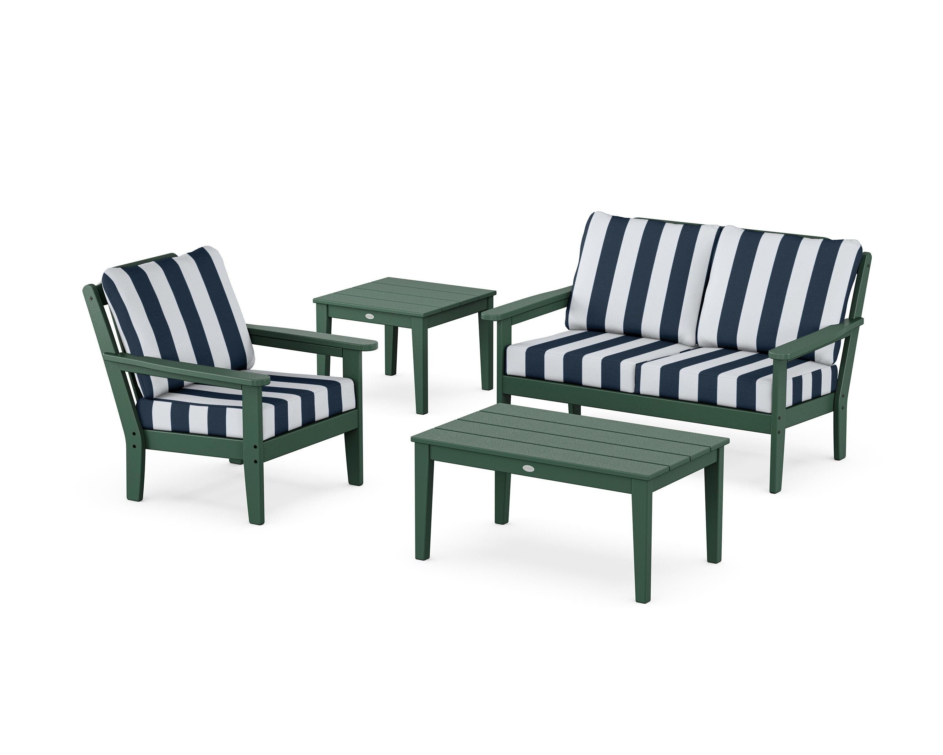 Country Living Wovendale 4-Piece Deep Seating Set in Green / Cabana Stripe Marine Indigo