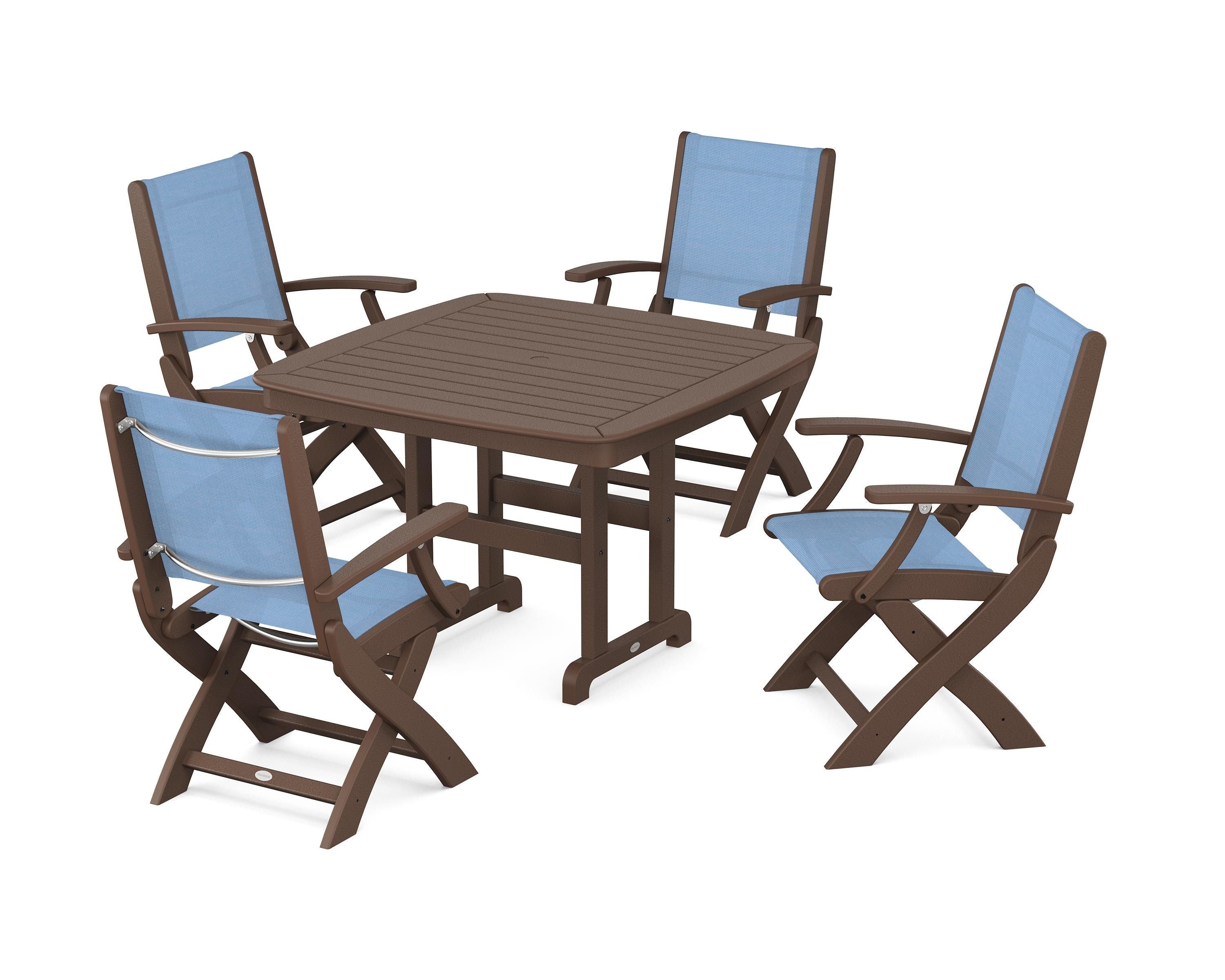 POLYWOOD® Coastal Folding Chair 5-Piece Dining Set in Mahogany / Poolside Sling