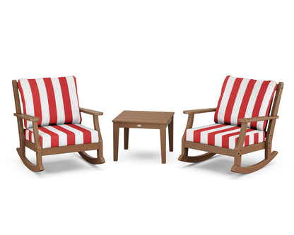 Country Living Wovendale 3-Piece Deep Seating Rocker Set in Teak / Cabana Stripe Crimson