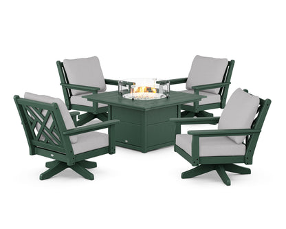 POLYWOOD® Chippendale 5-Piece Deep Seating Swivel Conversation Set with Fire Pit Table in Green / Granite