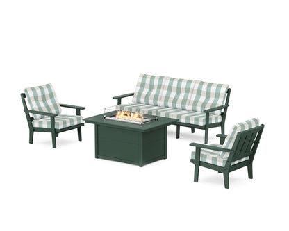 POLYWOOD® Oxford Deep Seating Fire Pit Table Set in Green / Buffalo Plaid Glacier Spa