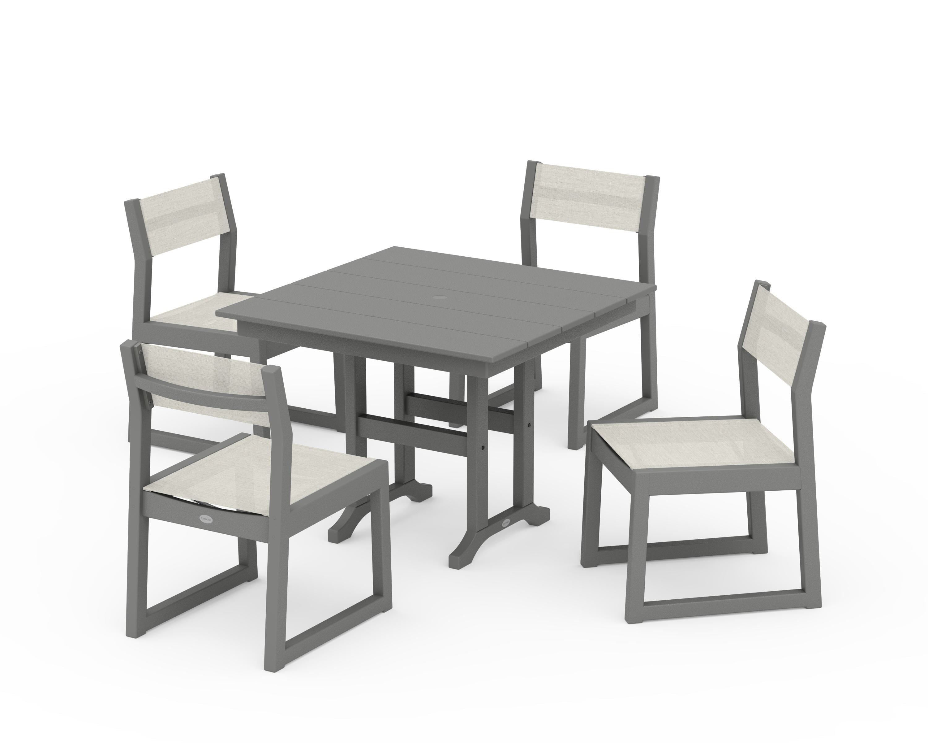 POLYWOOD® EDGE Sling Side Chair 5-Piece Farmhouse Dining Set in Slate Grey / Parchment Sling