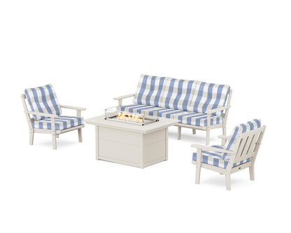 POLYWOOD® Oxford Deep Seating Fire Pit Table Set in Sand / Buffalo Plaid Sky Blue