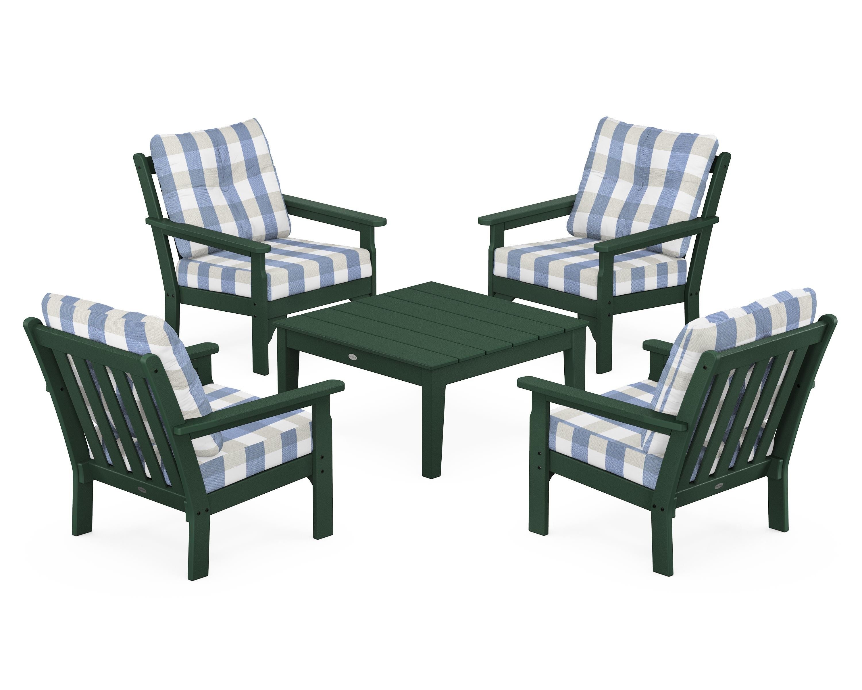 POLYWOOD® Vineyard 5-Piece Deep Seating Conversation Set in Green / Buffalo Plaid Sky Blue