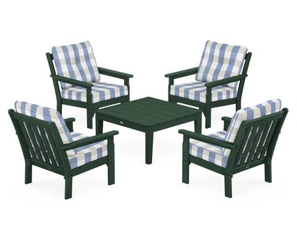 POLYWOOD® Vineyard 5-Piece Deep Seating Conversation Set in Green / Buffalo Plaid Sky Blue