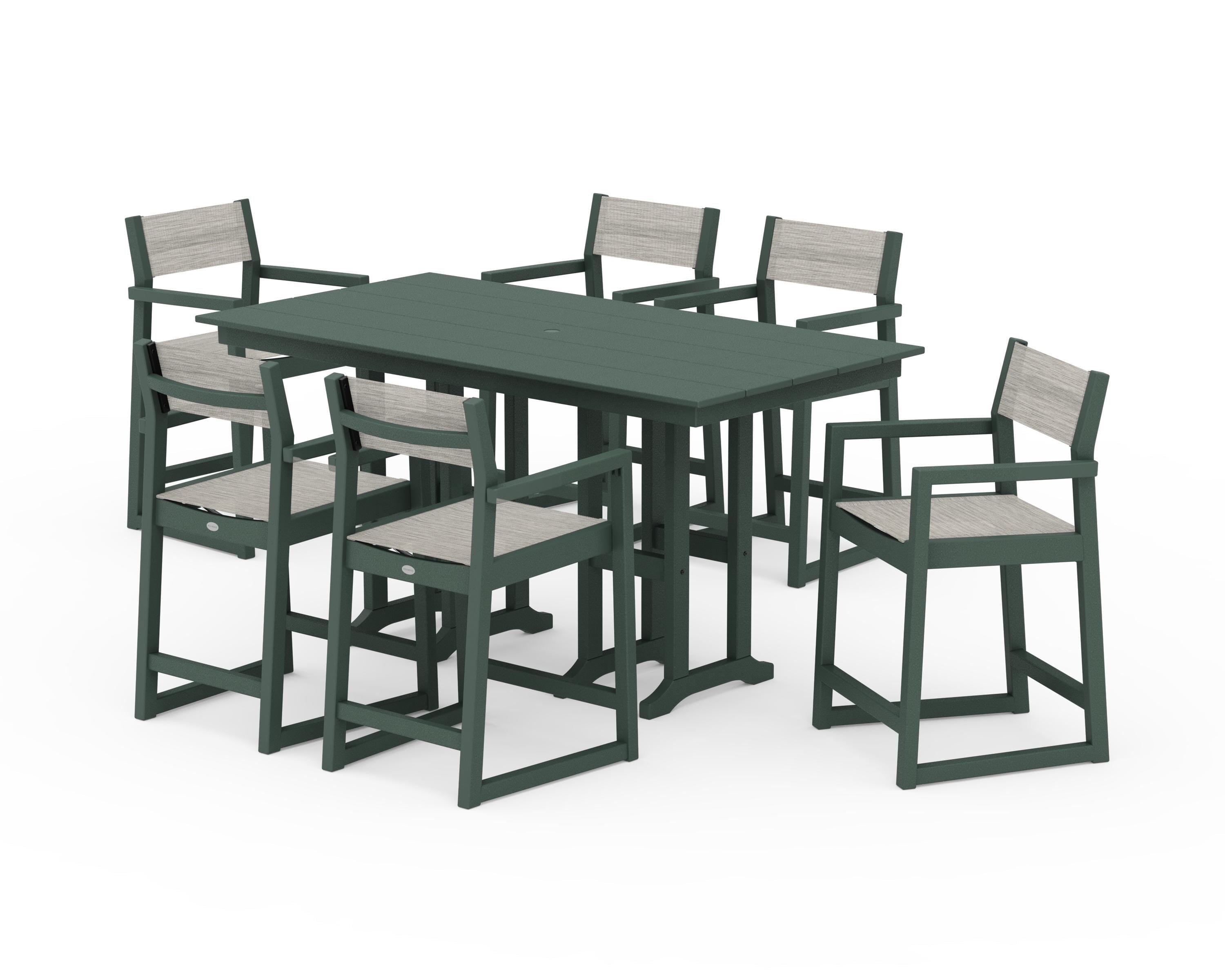 POLYWOOD® EDGE Sling Arm Chair 7-Piece Farmhouse Counter Set in Green / Birch Sling