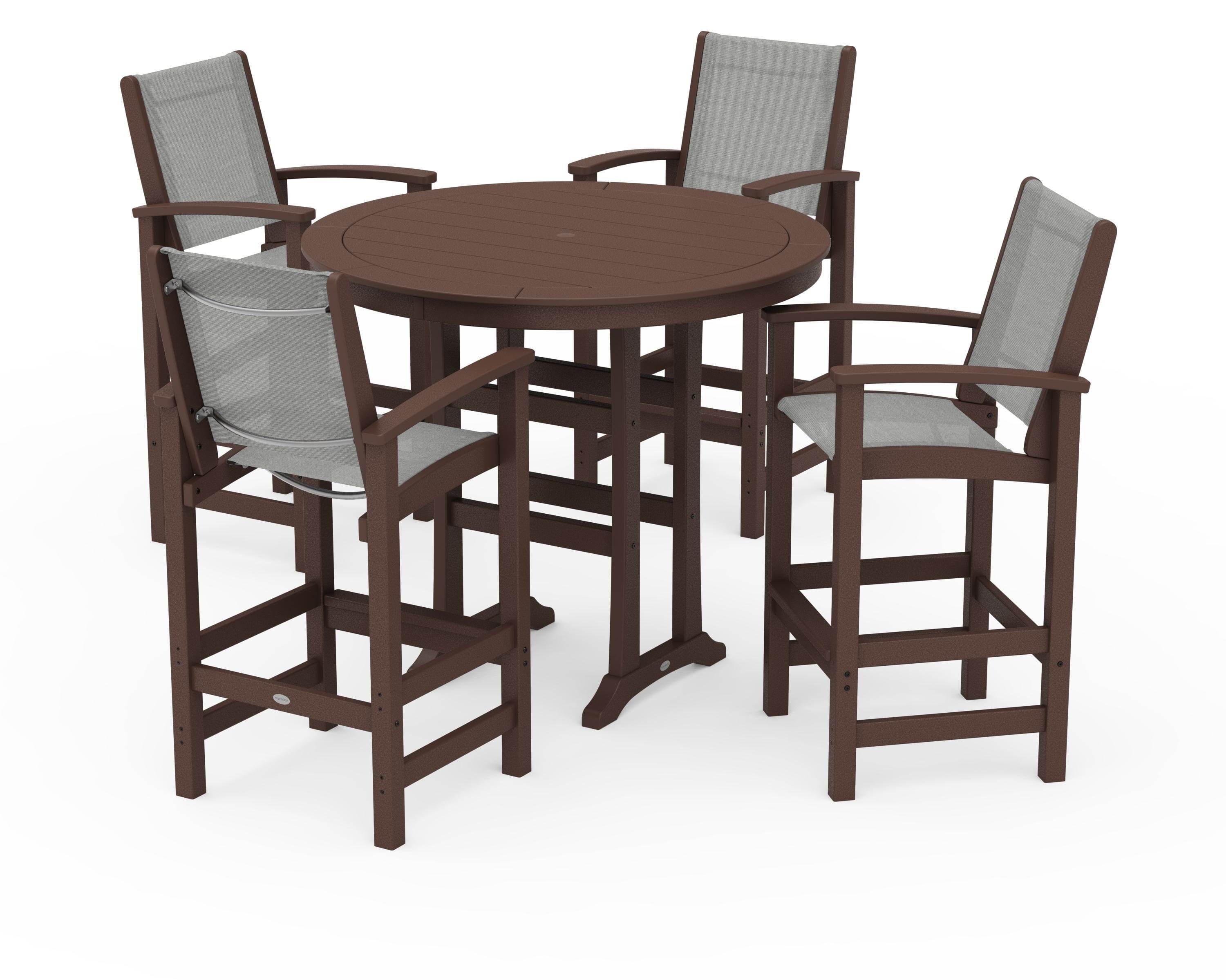 POLYWOOD® Coastal 5-Piece Nautical Trestle Bar Set in Mahogany / Metallic Sling