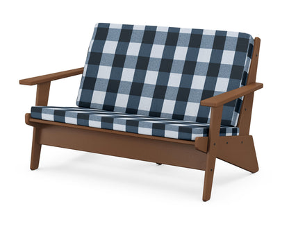 POLYWOOD® Riviera Modern Lounge Loveseat in Teak / Buffalo Plaid Marine Indigo