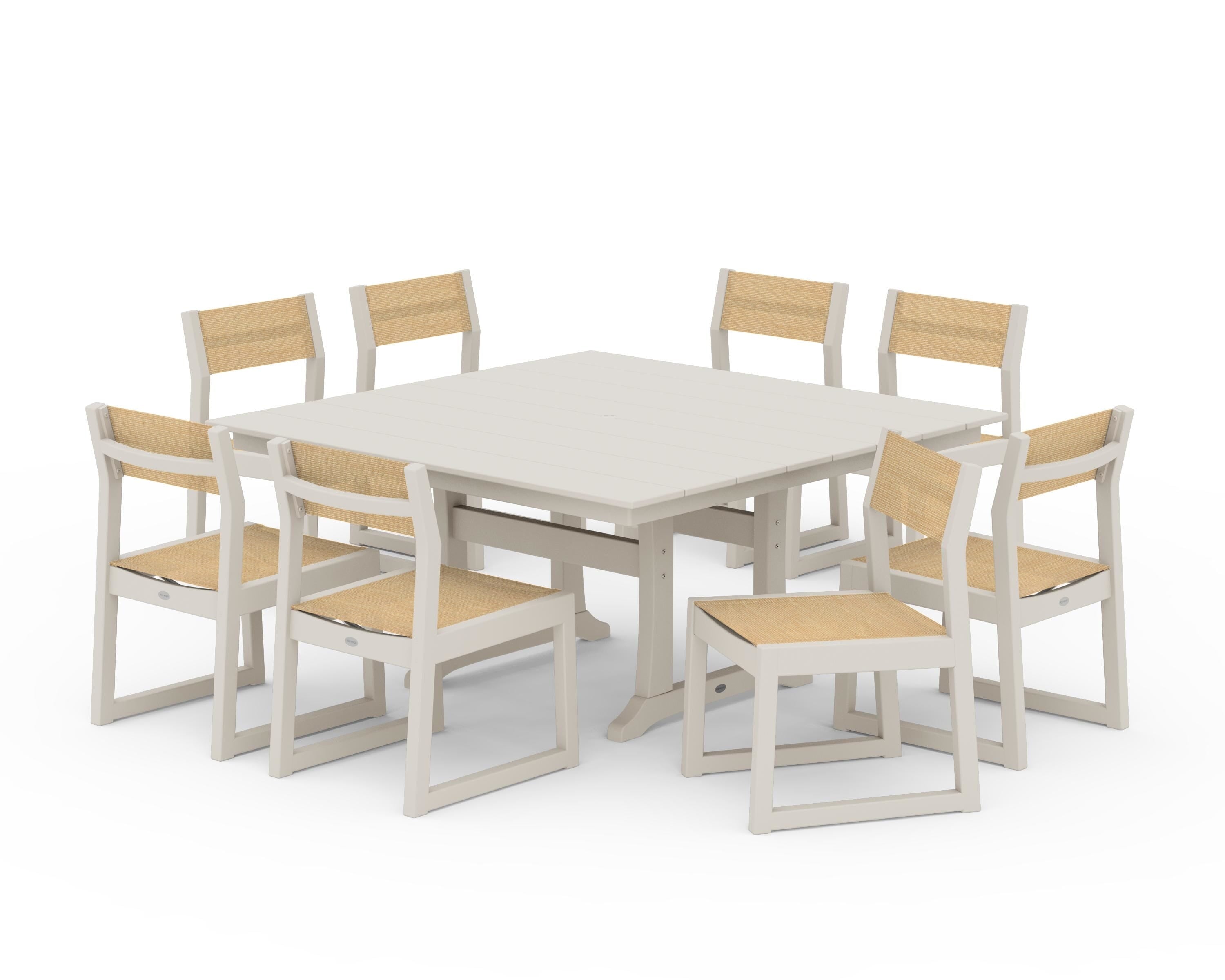 POLYWOOD® EDGE Sling Side Chair 9-Piece Farmhouse Trestle Dining Set in Sand / Dupioni Apricot Sling