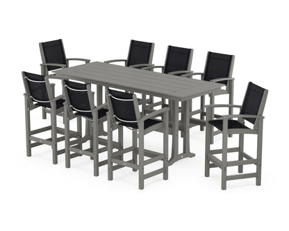 POLYWOOD® Coastal 9-Piece Farmhouse Bar Set with Trestle Legs in Slate Grey / Black Sling