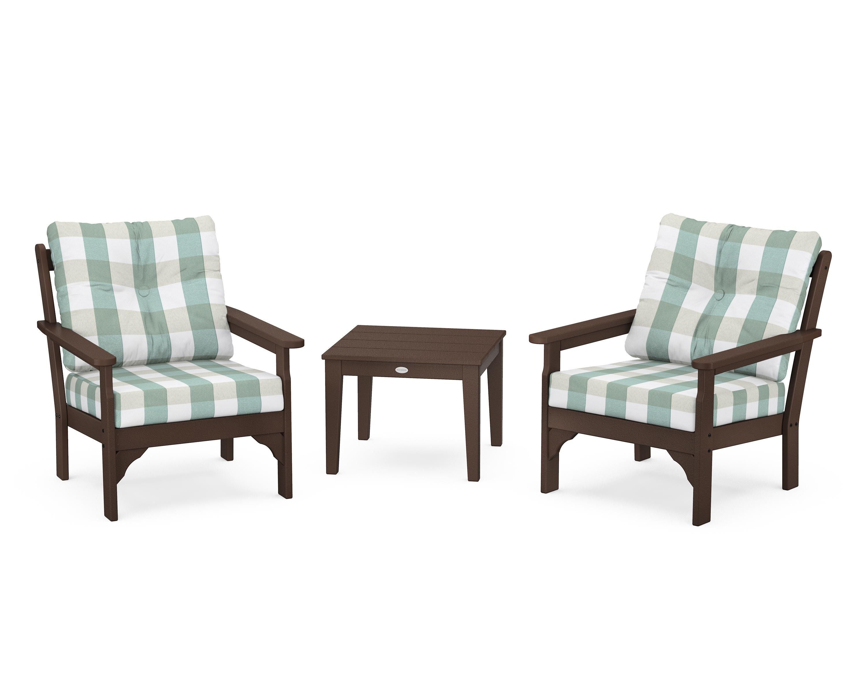 POLYWOOD® Vineyard 3-Piece Deep Seating Set in Mahogany / Buffalo Plaid Glacier Spa
