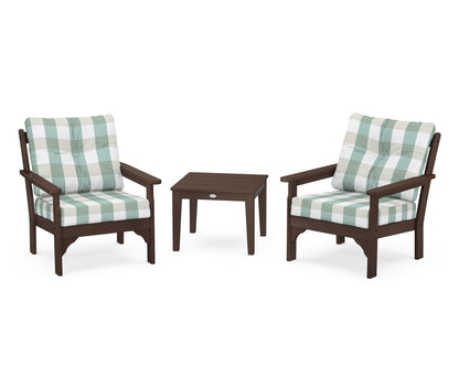 POLYWOOD® Vineyard 3-Piece Deep Seating Set in Mahogany / Buffalo Plaid Glacier Spa