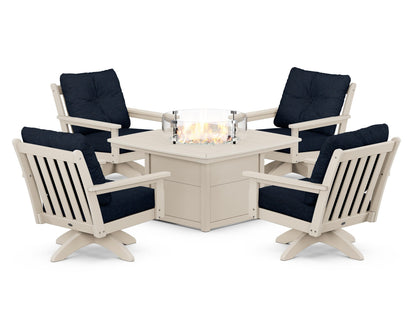POLYWOOD® Vineyard 5-Piece Deep Seating Swivel Conversation Set with Fire Pit Table in Sand / Marine Indigo