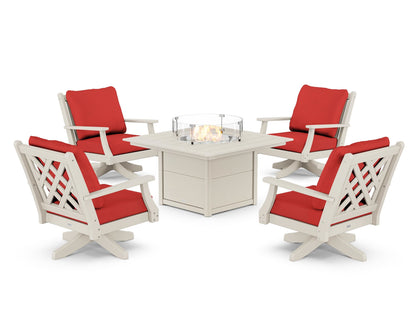 Country Living Wovendale 5-Piece Deep Seating Swivel Conversation Set with Fire Pit Table in Sand / Crimson Linen