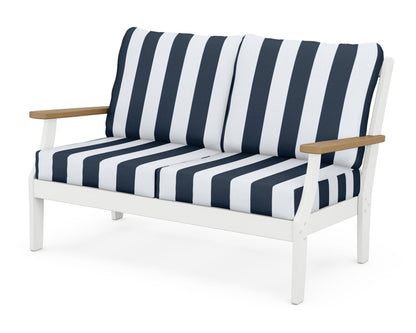 POLYWOOD® Braxton Deep Seating Loveseat in White / Natural / Cabana Stripe Marine Indigo