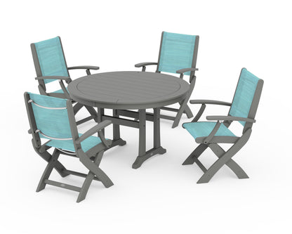 POLYWOOD® Coastal Folding Chair 5-Piece Round Dining Set with Trestle Legs in Slate Grey / Dupioni Aquamarine Sling